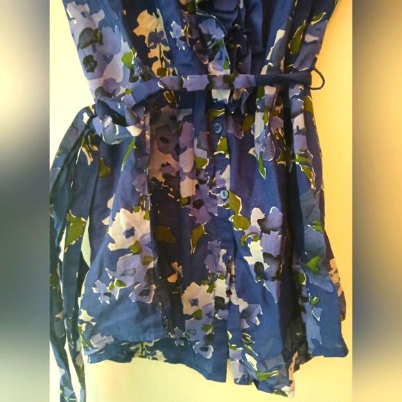 Ann Taylor LOFT Indigo Floral Feminine Ruffle Button-Down Spring Blouse Top M - Picture 6 of 7
